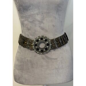 Vintage Gold & Silver Concho Belt With circular Buckle, Black & Rhinestones 40"
